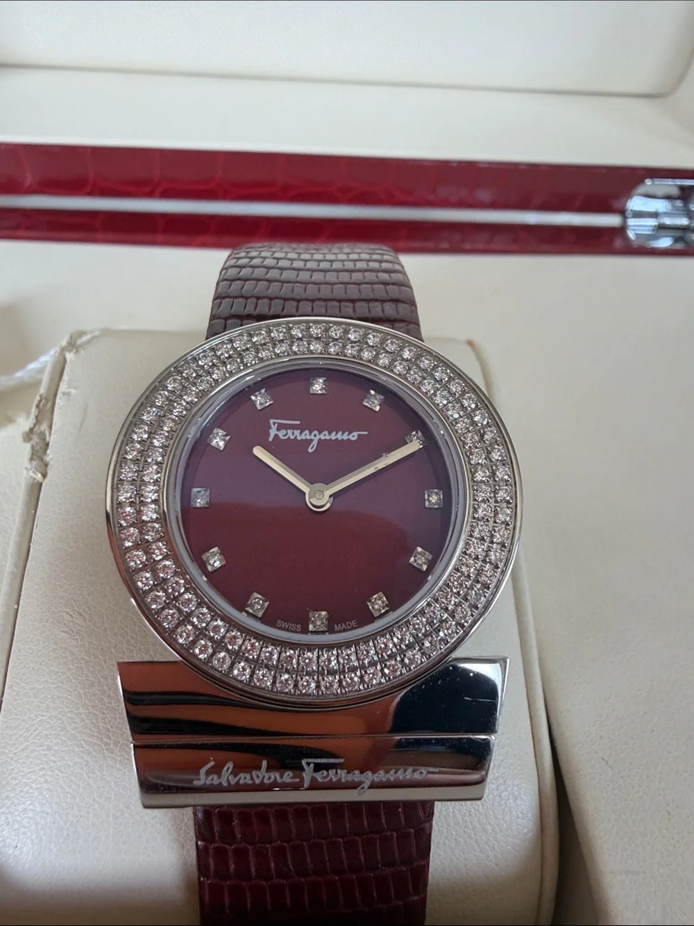 Salvatore Ferragamo Burgundy Lizard Leather & diamond Bezel Ladies Watch